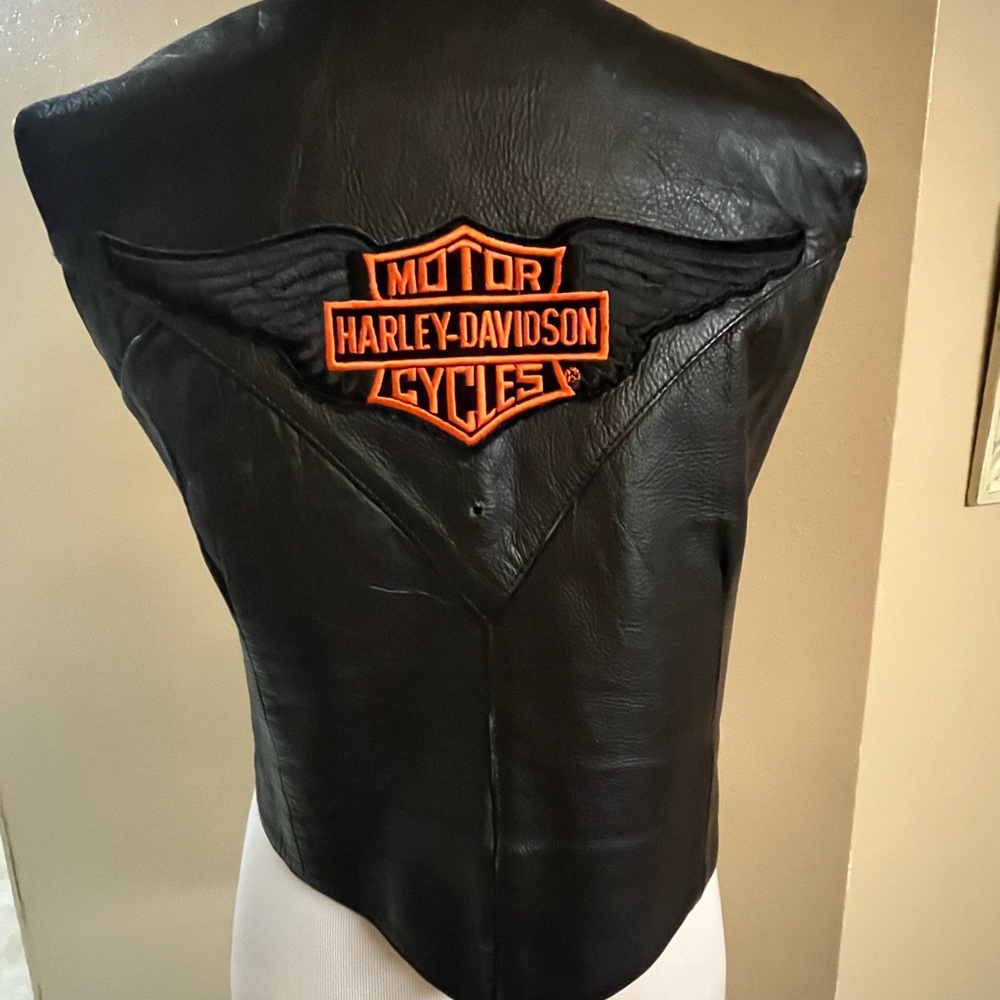 Harley-Davidson Black Leather Vest with Orange Patch
